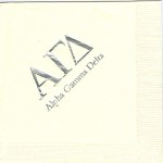 Alpha Gamma Delta ecru napkin, silver foil large Greek Letters, Font Garamond