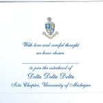 3-color engraved flat card, Lt Blue Thermography Ink (raised print), Font #8, Delta Delta Delta bid 