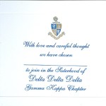 3-color engraved flat card, Lt Blue Thermography Ink (raised print), Font #8, Delta Delta Delta bid