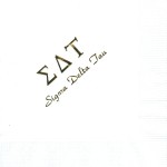 Sigma Delta Tau white napkin. gold foil Greek letters, PA font