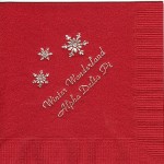 Napkin, Red, Silver Foil Snowflakes, Font: PA Winter Wonderland, Alpha Dela Pi