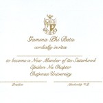 One-color flat card, Font #9, Gold Thermography, Gamma Phi Beta bid card