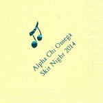 Napkin,Yellow, Green Foil Musical Notes, font Garamond, Alpha Chi Omega