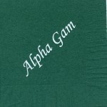 Alpha Gamma Delta dark green napkin, white foil Alpha Gam - font footed