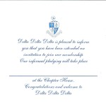 Tri Delta engraved flat card, font #8, Reflex Blue Thermography (raised print) bid message
