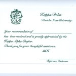 Kappa Delta Recommendation thank you card. Green one-color thermography on panel flat card font #9
