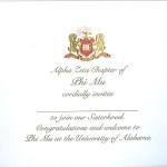 2-color engraved flat card, gold thermography, font #9, Phi Mu bid card