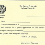 1-Color Ink Flat Card, No Panel, Black Thermography, Font TR, Chi Omega Recommendation Thank you