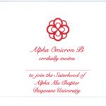 Alpha Omicron Pi bid card, red thermography (raised print), font #9
