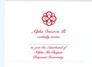 Alpha Omicron Pi bid card, red thermography (raised print), font #9