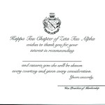 1-color flat card, black thermography, font #9, Zeta Tau Alpha recommendation thank you